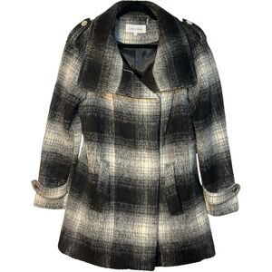 Calvin Klein Plaid Wool Blend Pea Coat Black Gray Winter Outerwear 8‎